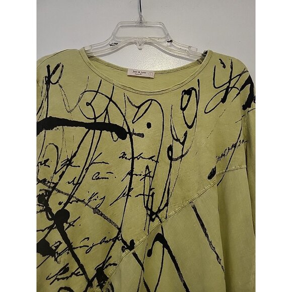 Jess & Jane Tunic Asymmetrical Artsy Pocket 3/4 Sleeve Large Green Black - Picture 2 of 7